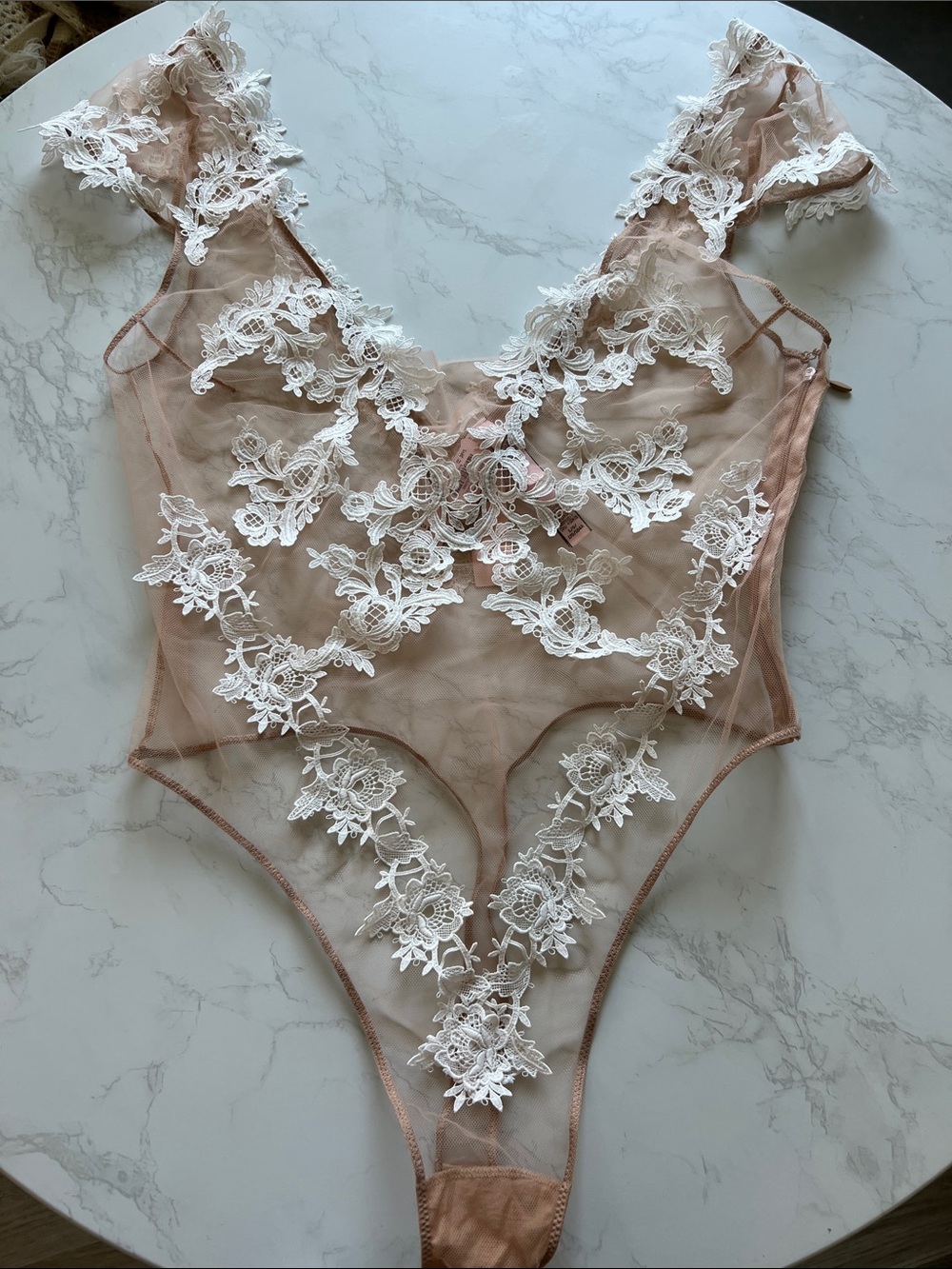 Victoria's Secret Nude Bodysuit with White Floral Lace